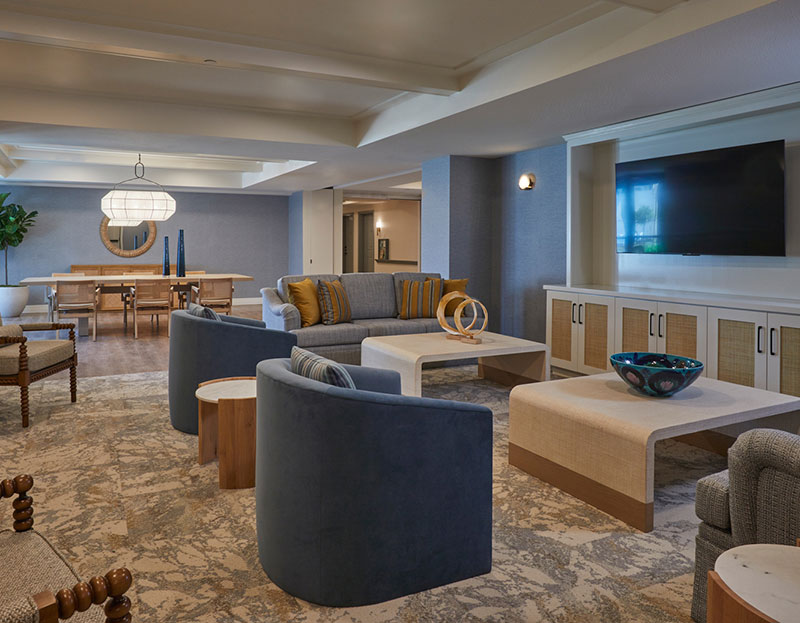 This is a photo of The Seville's memory care common areas, which include a TV, comfortable seating, and modern decorations.